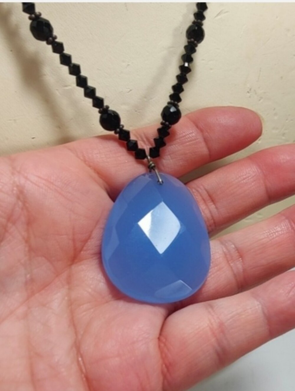 Blue Chalcedony Faceted Pendant Necklace – Black Beaded Chain 16-17 Inches
